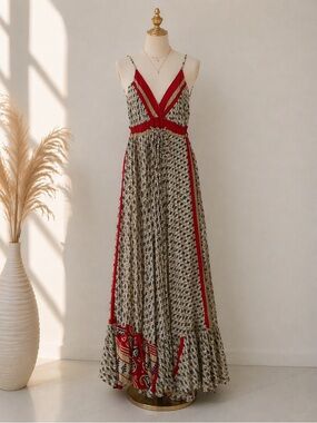 Celina Bohemian V-Neck Maxi Dress with Red Trim